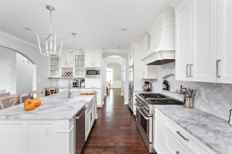 whole house renovation; gray and white open concept kitchen