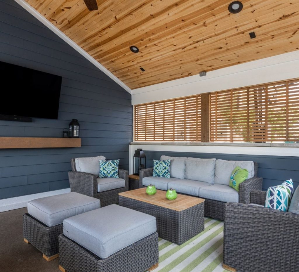 navy blue and green covered seating area; exterior design ideas and pictures from indy