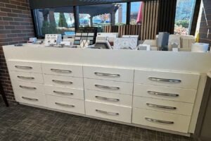 A display on white cabinets in the Carmel showroom.