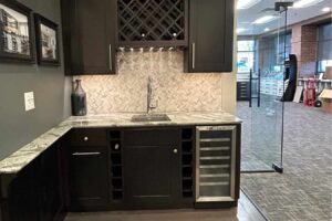 A dark kitchen vignette on display at the Carmel showroom.