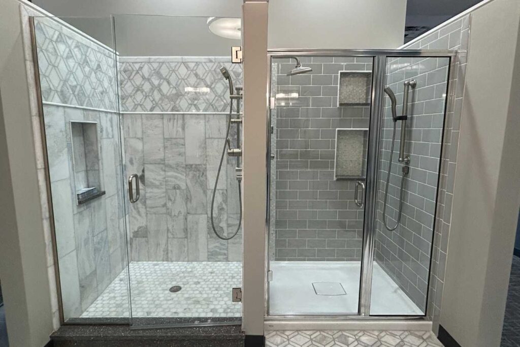 A gray shower vignette on display at the Carmel showroom.