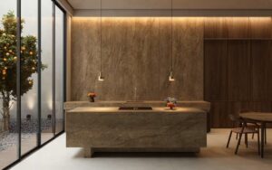 A relaxing freestanding bathtub and matching accent wall crafted from the warm, 3D crystalline veining of Cosentino Éclos mineral surfaces, featured in a luxury bathroom remodel in Carmel.